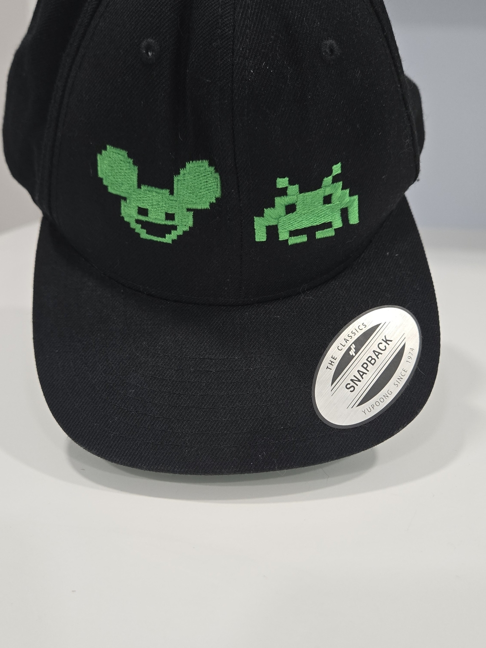 Black Snapback Hat with Bright Green Pixel Embroidery